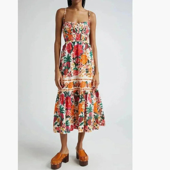 NWT FARM Rio Floral Sketch Tiered Cotton Tropical Backless Strappy Midi Dress L - Picture 10 of 11